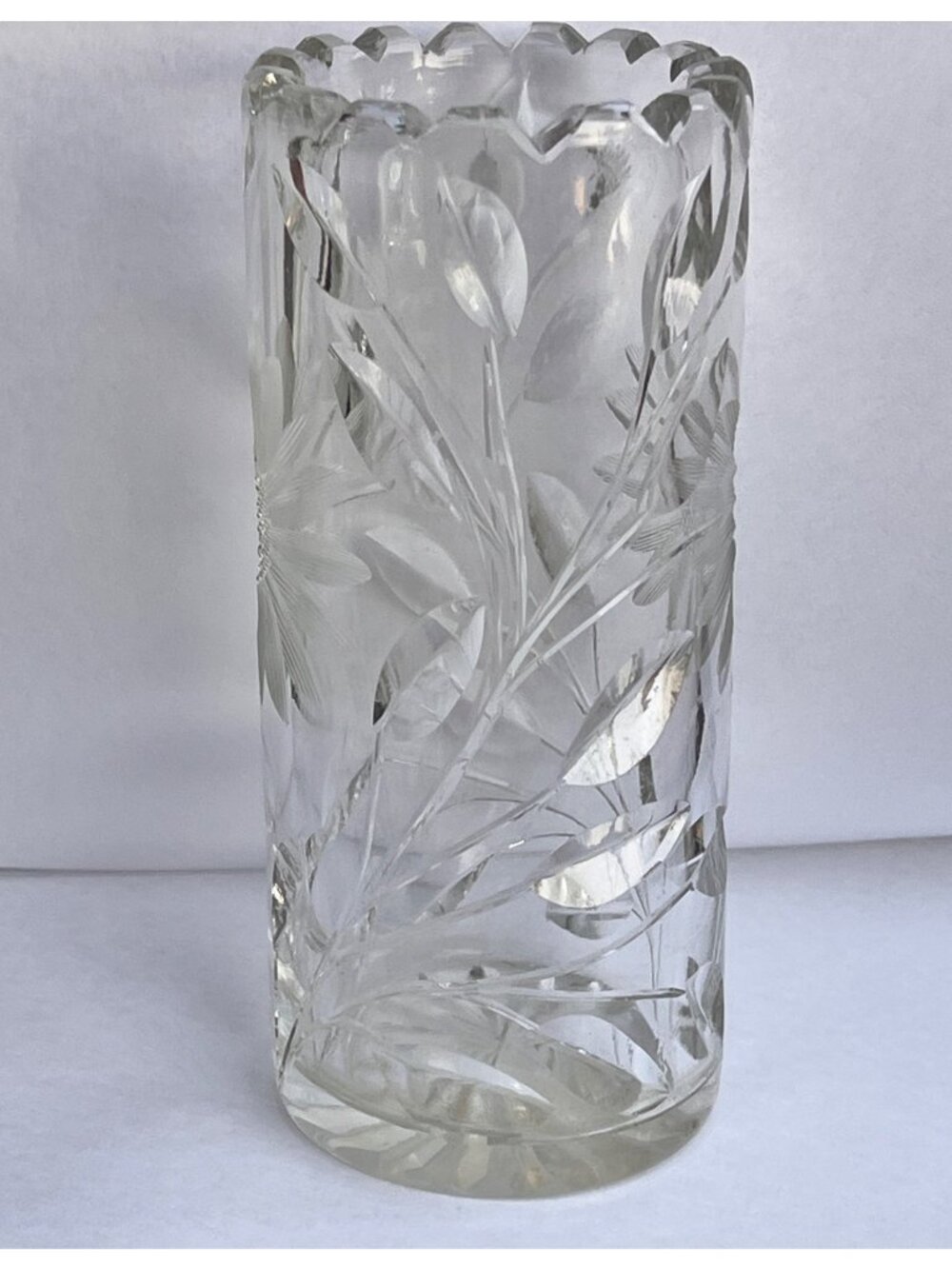 Antique Bohemian Cut Glass Vase Sunflower Motif 6" Tall x 2.5" D Etched Foliage